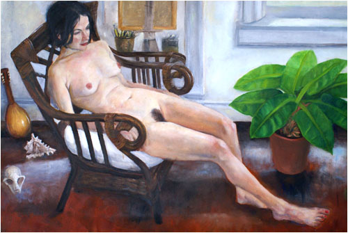seated nude with plant, mandolin, shell and skull